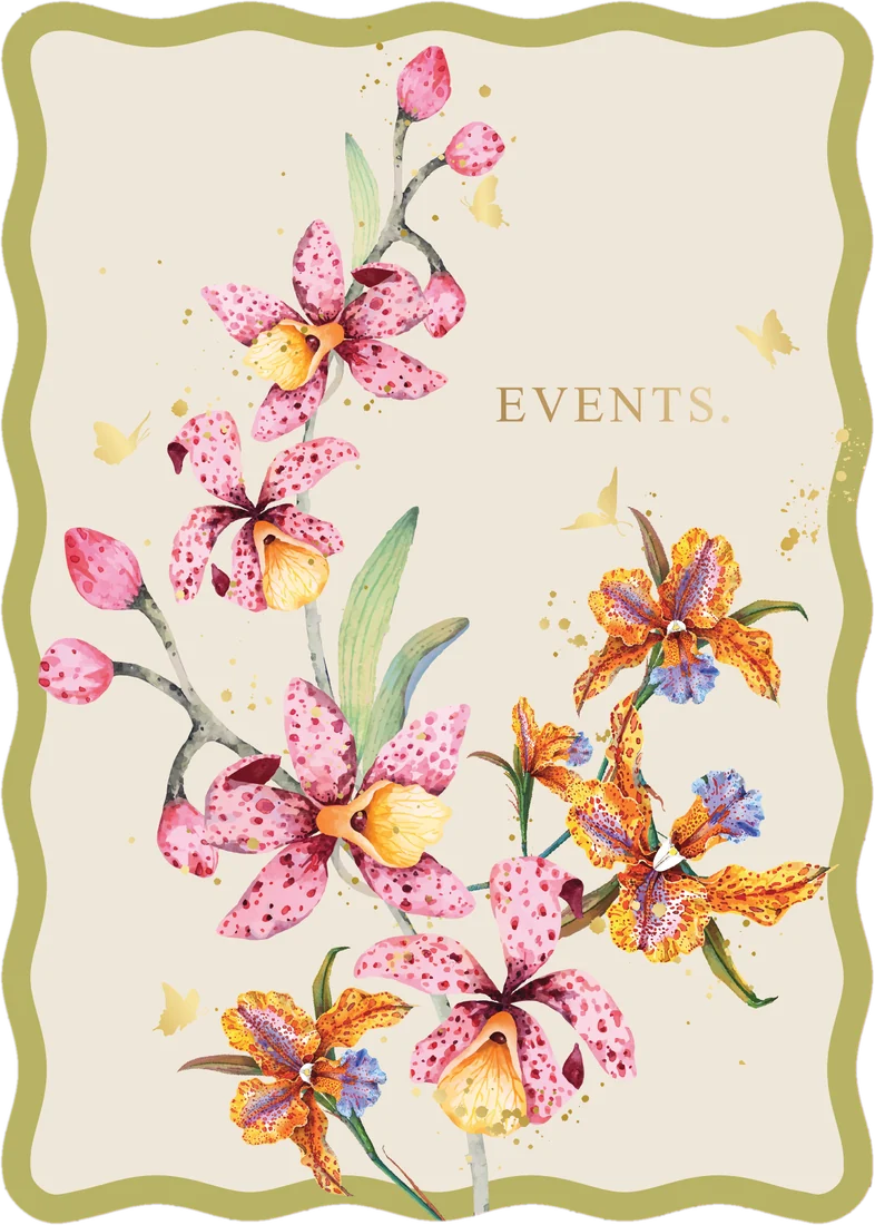 Events card with pink and orange watercolour orchids